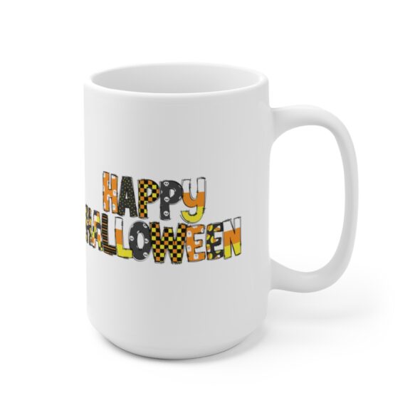 White 15 ounce mug that features the words 'Happy Halloween' in a seasonally colorful pattern