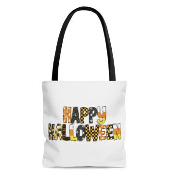 White Nylon Tote Bag with Black cotton handle that features the words 'Happy Halloween' in a seasonally colorful pattern