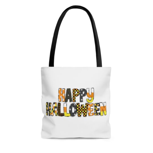 White Nylon Tote Bag with Black cotton handle that features the words 'Happy Halloween' in a seasonally colorful pattern